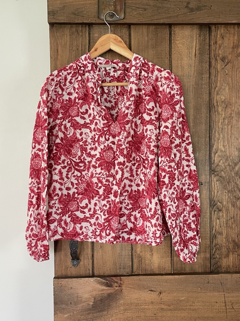 LOFT Botanical Floral Toile Cotton Blend Split Neck Blouse XS Red Pink White